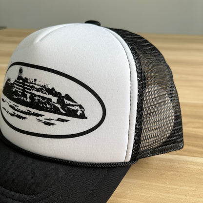 Corteiz Alcatraz Trucker Hat Black White