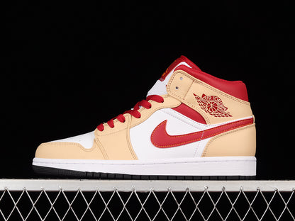 Jordan 1 Mid Light Curry Cardinal