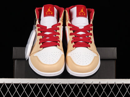 Jordan 1 Mid Light Curry Cardinal