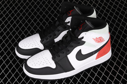 Jordan 1 Mid White Black Red Spruce