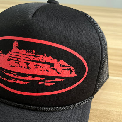 Corteiz Alcatraz Trucker Hat Black Red