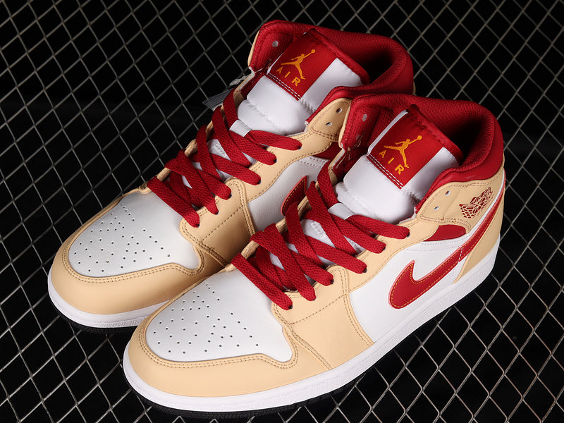 Jordan 1 Mid Light Curry Cardinal